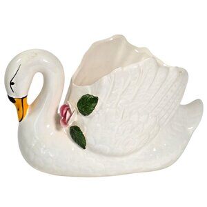 Swan Figurine Planter Decorative Ceramic Vintage Figure Rose White Cottagecore
